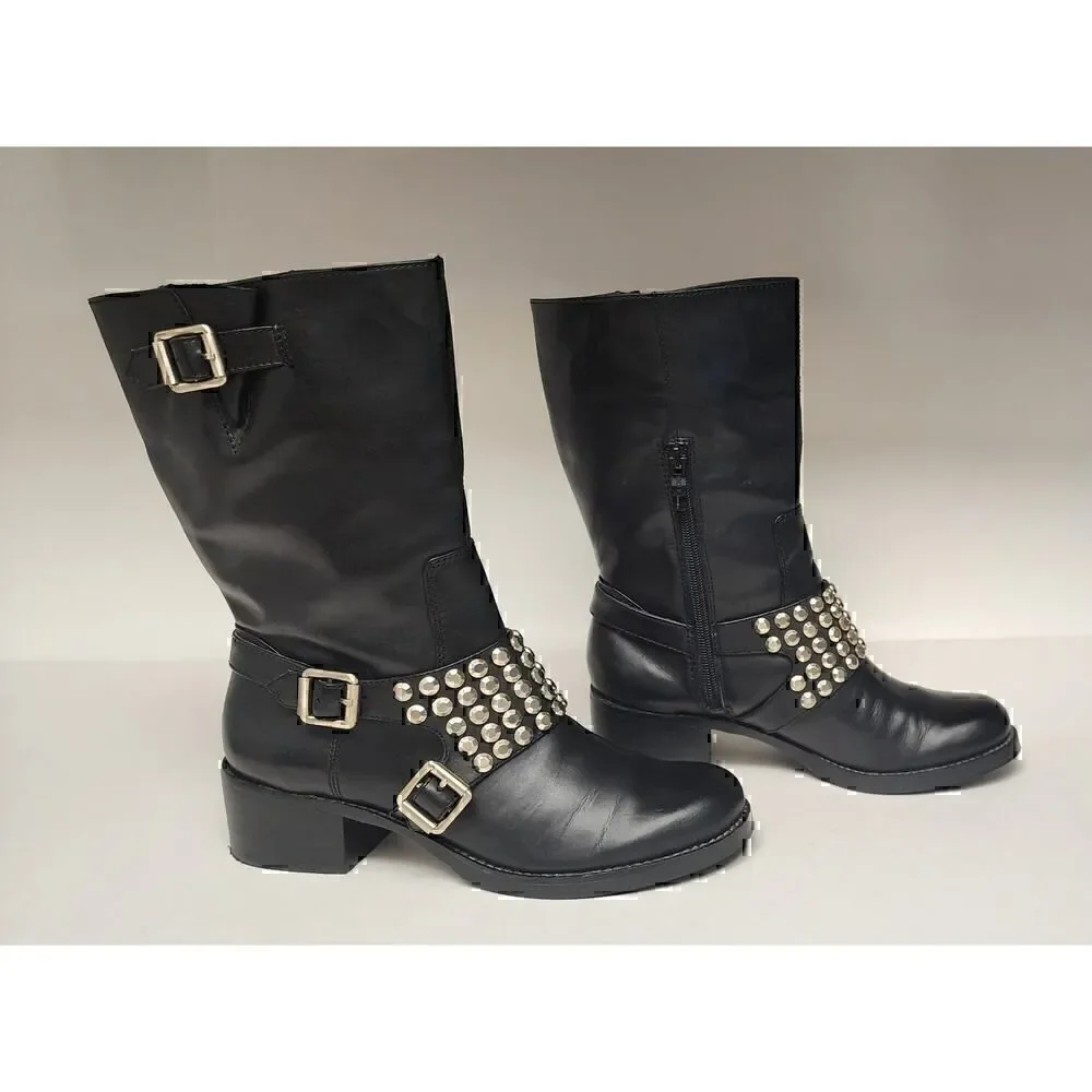 BCBGeneration BC-Halen Black Leather Studded Buckle Boots 7B/37